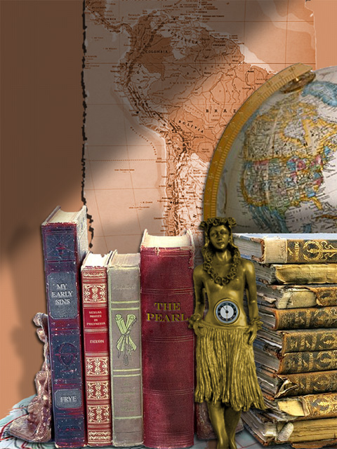 Books, maps & hula statue